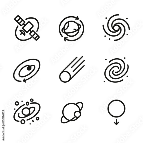 Space Rotation Icons. Outline icon set of rotation in space: satellite orbit, planet rotation, galactic spin, elliptical orbit,