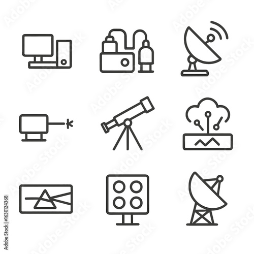 Space Science Icons. Outline icon set of space science tools: spectrometer, mass spectrometer, radar, laser, telescope, particle