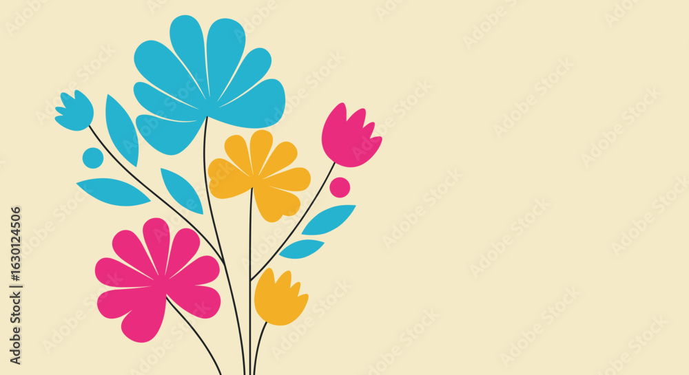 Obraz premium Colorful floral illustration for background with bright flowers on pastel background
