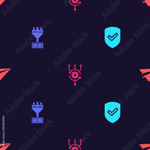 Set Shield with check mark, Lead management, Algorithm and Paper plane on seamless pattern. Vector