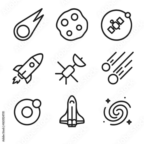 Space Velocity Icons. Outline icon set of velocity in space: comet, asteroid, orbiting satellite, spaceship, space probe, meteor