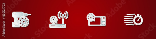 Set Drill machine setting, Router and wi-fi, Microwave oven and Stopwatch icon. Vector
