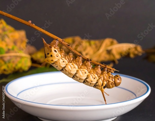 Close-up of a segmented insect on a branch over a dish