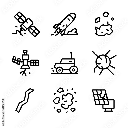 Space Wreckage Icons. Outline icon set of space wreckage: crashed satellite, broken rocket, debris fragments, shattered space