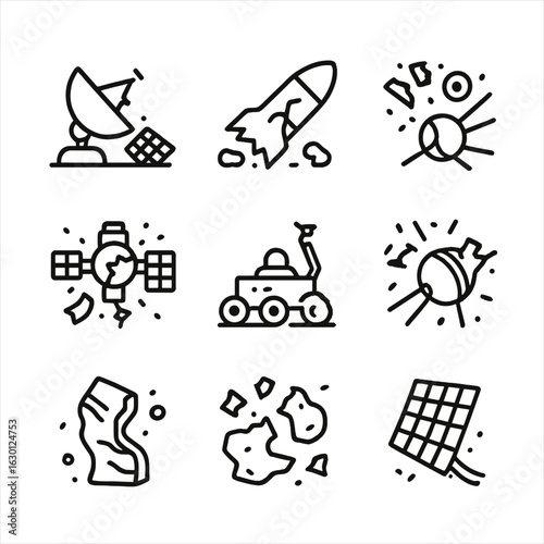 Space Wreckage Icons. Outline icon set of space wreckage: crashed satellite, broken rocket, debris fragments, shattered space