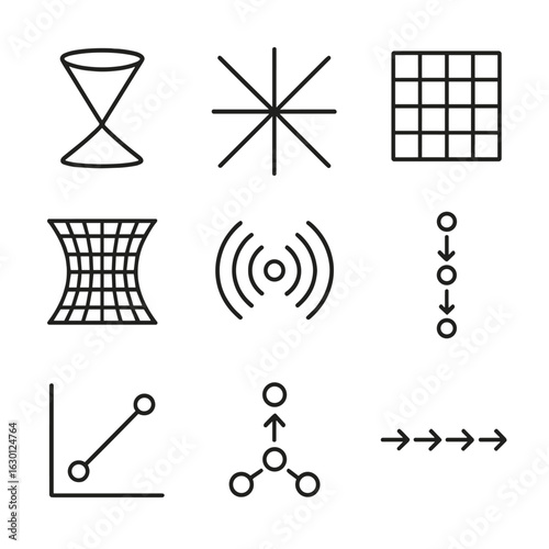 Space-Time Icon Set. Outline icon set of space-time visualization: light cone diagram, Minkowski diagram, spacetime grid, curved