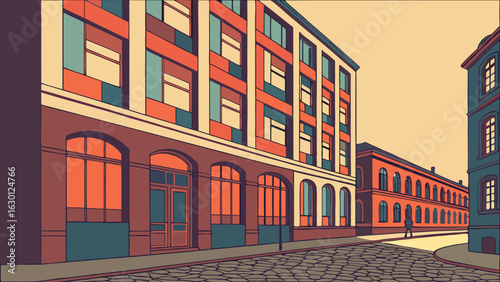Illustrated city street with vintage buildings and cobblestone road.
