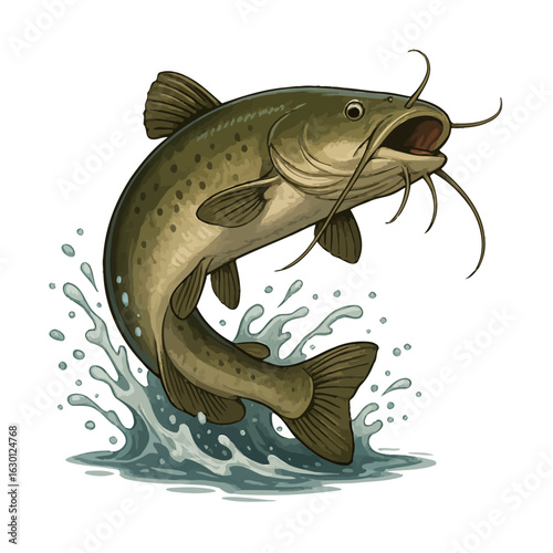 Jumping catfish mascot. Colorful vector for fishing sport team logo design.