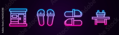 Set line Sauna wooden bathhouse, Flip flops, slippers and bench with bucket. Glowing neon icon. Vector