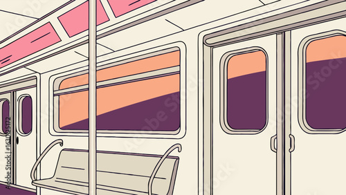 Illustrated Interior of a Subway Car with Seats and Windows.
