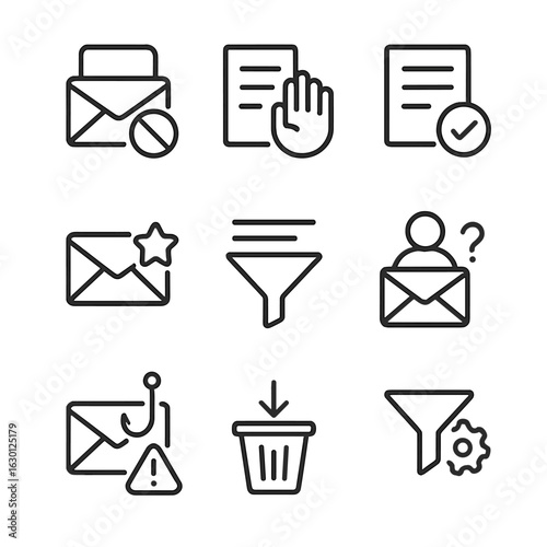 Spam Filter Icon Set. Outline icon set of spam filters: email spam folder, blacklist icon, whitelist icon, junk mail icon, filter
