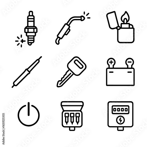 Spark Tools Icons. Outline icon set of spark tools and devices: spark plug, welding torch, electric lighter, soldering iron,