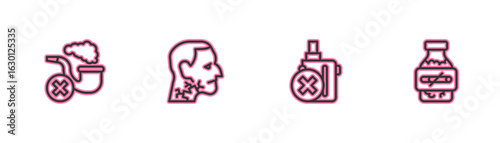 Set line Smoking pipe with smoke, No electronic cigarette, Throat cancer and Nicotine gum blister pack icon. Vector