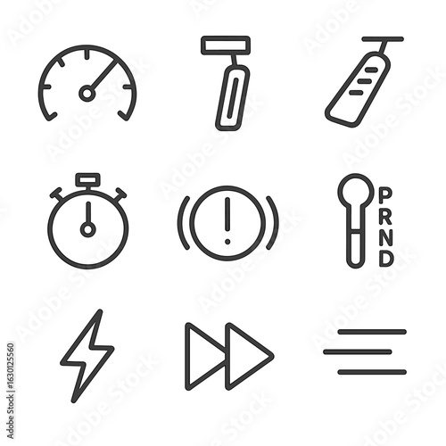 Speed Control Icons. Outline icon set of speed control: speedometer, brake pedal, accelerator pedal, stopwatch, warning light,