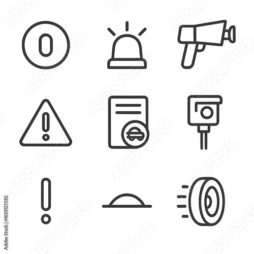 Speed Warning Icons. Outline icon set of speed warnings: speed limit sign, flashing alert, radar gun, traffic camera, caution sign