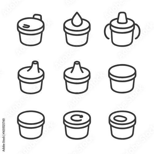 Spill-Proof Lid Icons. Outline icon set of spill-proof lids: locking lid, leak-proof lid, toddler cup lid, sippy cup lid, valve