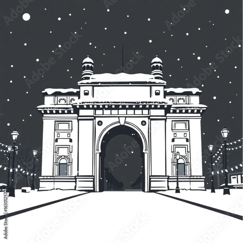 Gateway of India smothered in snow in Mumbai at midnight with glowing lanterns
