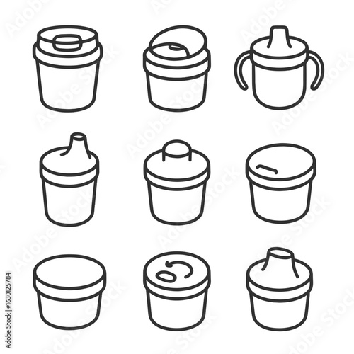 Spill-Proof Lid Icons. Outline icon set of spill-proof lids: locking lid, leak-proof lid, toddler cup lid, sippy cup lid, valve
