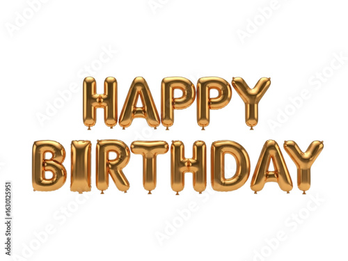 Shiny Golden Balloon Text 'Happy Birthday' on Transparent Background
