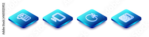 Set Isometric line Speech bubbles with Answer, Computer monitor, Apple and Calculator icon. Vector