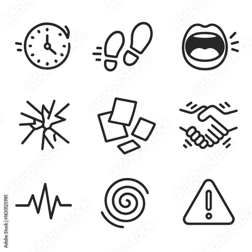 Frantic Activity Icons. Outline icon set of frantic activity: clock ticking fast, rushing footsteps, open mouth yelling, shattered