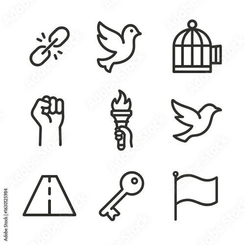 Freedom Icon Set. Outline icon set of freedom symbols: broken chain, dove, open cage, raised fist, liberty torch, bird flying,