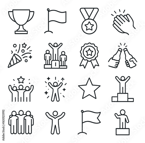 Achievement icons: trophy, medal, celebration, podium, teamwork