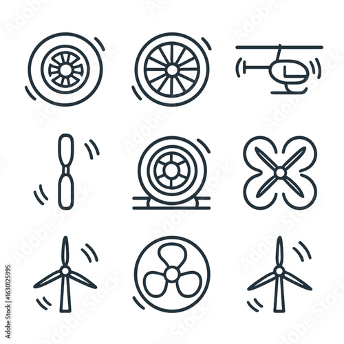 Spinning Transport Icons. Outline icon set of spin in transport: spinning car tire, spinning bike wheel, spinning helicopter rotor