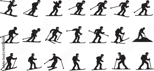 Collection of Silhouettes of Skiers in Various Poses and Actions on White Background skiing winter sport