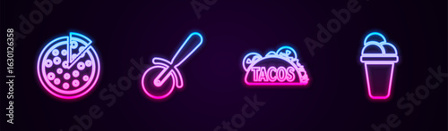 Set line Pizza, knife, Taco with tortilla and Ice cream. Glowing neon icon. Vector