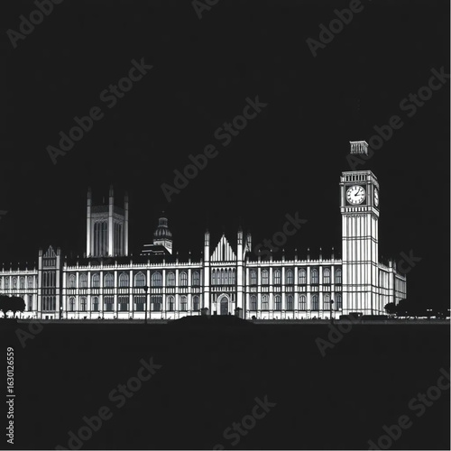 Palace of Westminster under neon lights in London on a warm summer evening