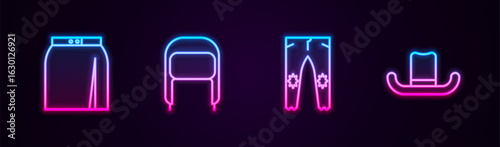 Set line Skirt, Winter hat with ear flaps, Pants and Man. Glowing neon icon. Vector
