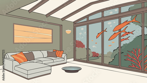Modern Living Room with Panoramic View and Fish Tank.