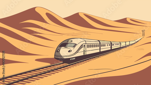 Modern Train Journey Through Desert Landscape Illustration.