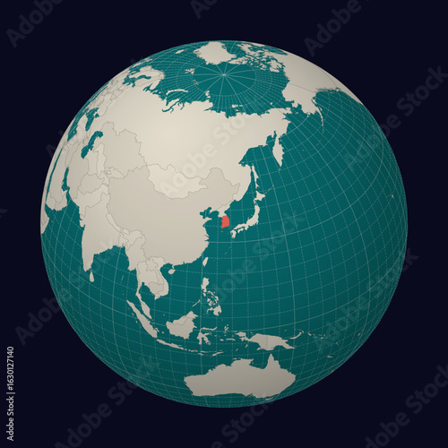 Republic of Korea on the map. Globe centered to Republic of Korea. Country location on the world map. Teal Pale Mint color palette. Globe with countries, meridians and parallels.