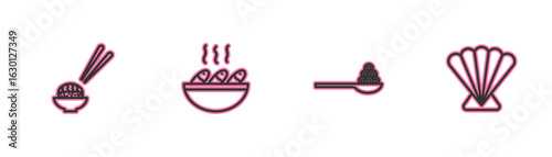Set line Sushi, Caviar on a spoon, Fish soup and Scallop sea shell icon. Vector
