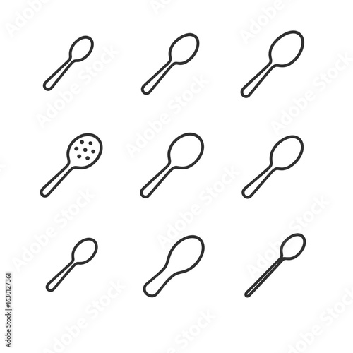 Spoon Icon Set. Outline icon set of spoon types: teaspoon, tablespoon, soup spoon, slotted spoon, serving spoon, dessert spoon,