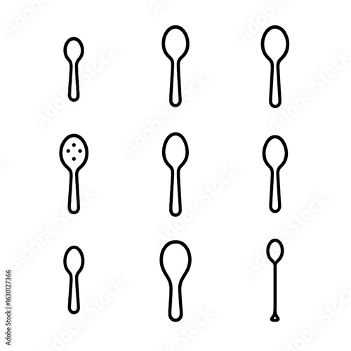 Spoon Icon Set. Outline icon set of spoon types: teaspoon, tablespoon, soup spoon, slotted spoon, serving spoon, dessert spoon,