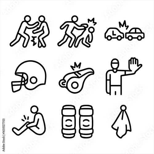 Sports Collision Icons. Outline icon set of collision in sports: tackle, hit, crash, collision helmet, referee whistle, foul