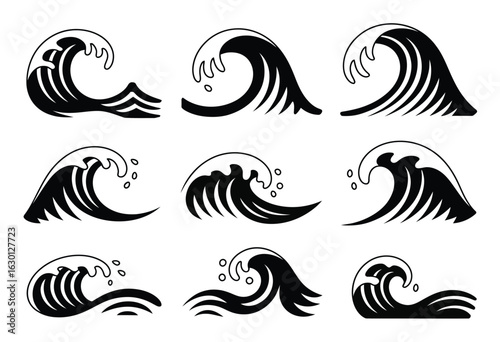 Black and white wave illustrations ocean water.eps