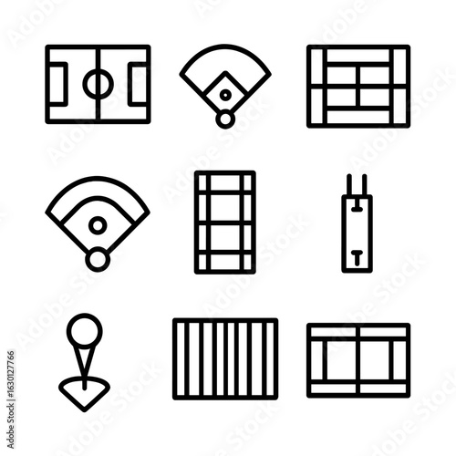 Sports Field Icons. Outline icon set of pitch in sports: soccer field, baseball diamond, tennis court, basketball court, rugby
