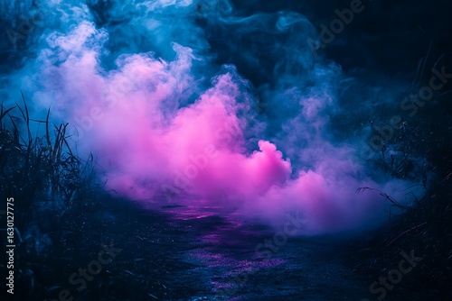Vibrant pink and blue smoke billows dramatically creating an ethereal and mystical cloud formation against a dark shadowy background
