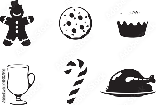 Holiday food icons gingerbread cookie candy cane turkey mug
