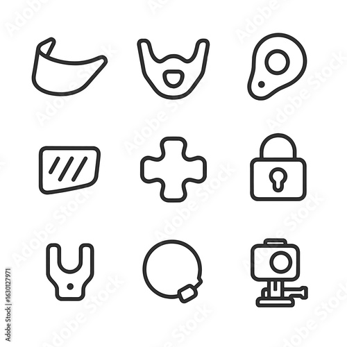 Sports Helmet Icon Set. Outline icon set of sports helmet accessories: visor, chin guard, ear pad, ventilation vent, padding
