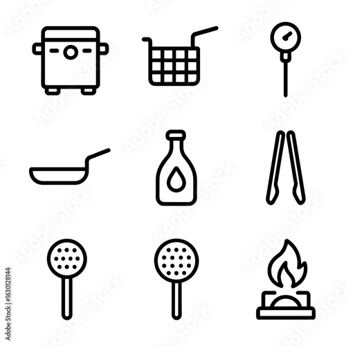 Frying Equipment Icons. Outline icon set of frying equipment: deep fryer, frying basket, frying thermometer, frying pan, oil