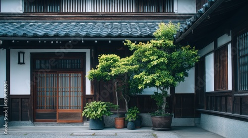 A traditional Japanese countryside house getting fresh white paint on wooden walls
