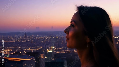 Silhouette of a woman gazing at the glowing city skyline in the evening
