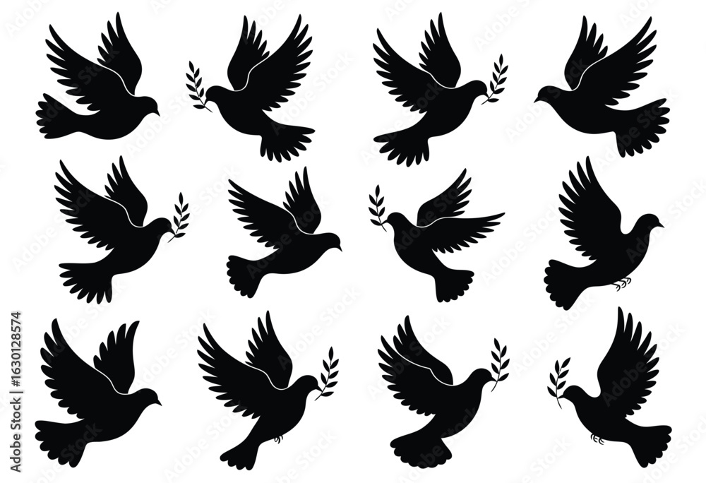 Naklejka premium Black silhouette doves with olive branches pigeon bird.eps