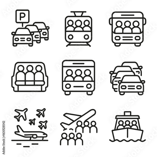 Full Transport Icon Set. Outline icon set of full transportation modes: full parking lot, crowded train, bus at capacity, full car