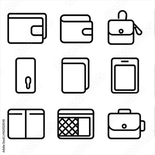 Functional Wallet Icons. Outline icon set of functional mini wallets: cash slot, tiny zip, clip-on hook, key slot, side pocket,